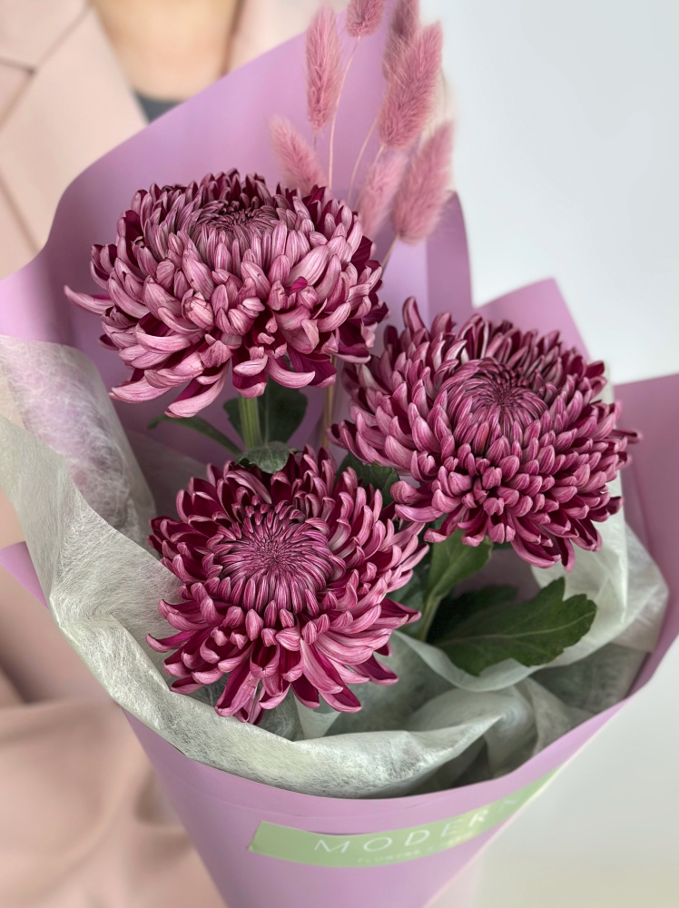 Букет из хризантем Бигуди и розового лагуруса